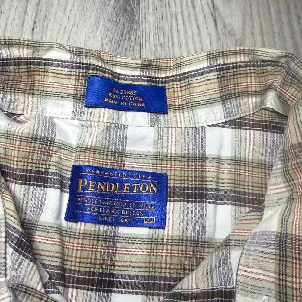 Pendleton Shirt Mens XL Brown Tan Plaid Long Sleeve Button Down Casual